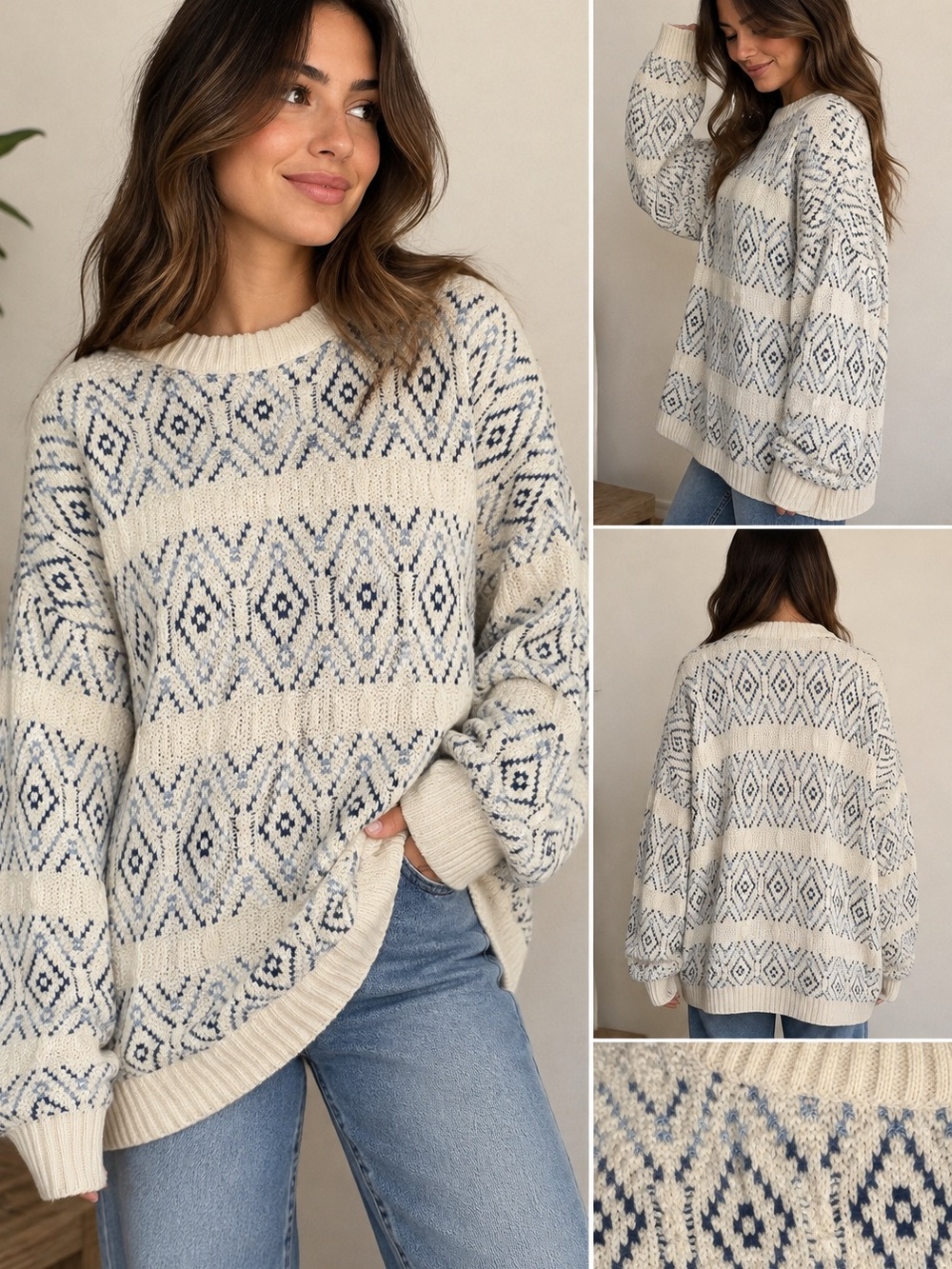Vintage JANTZEN Fair Isle Nordic Knit Sweater Cream Blue Oversized Made in USA